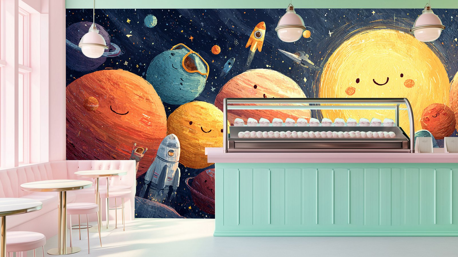 Bright pastel bakery interior with a display of pastries during