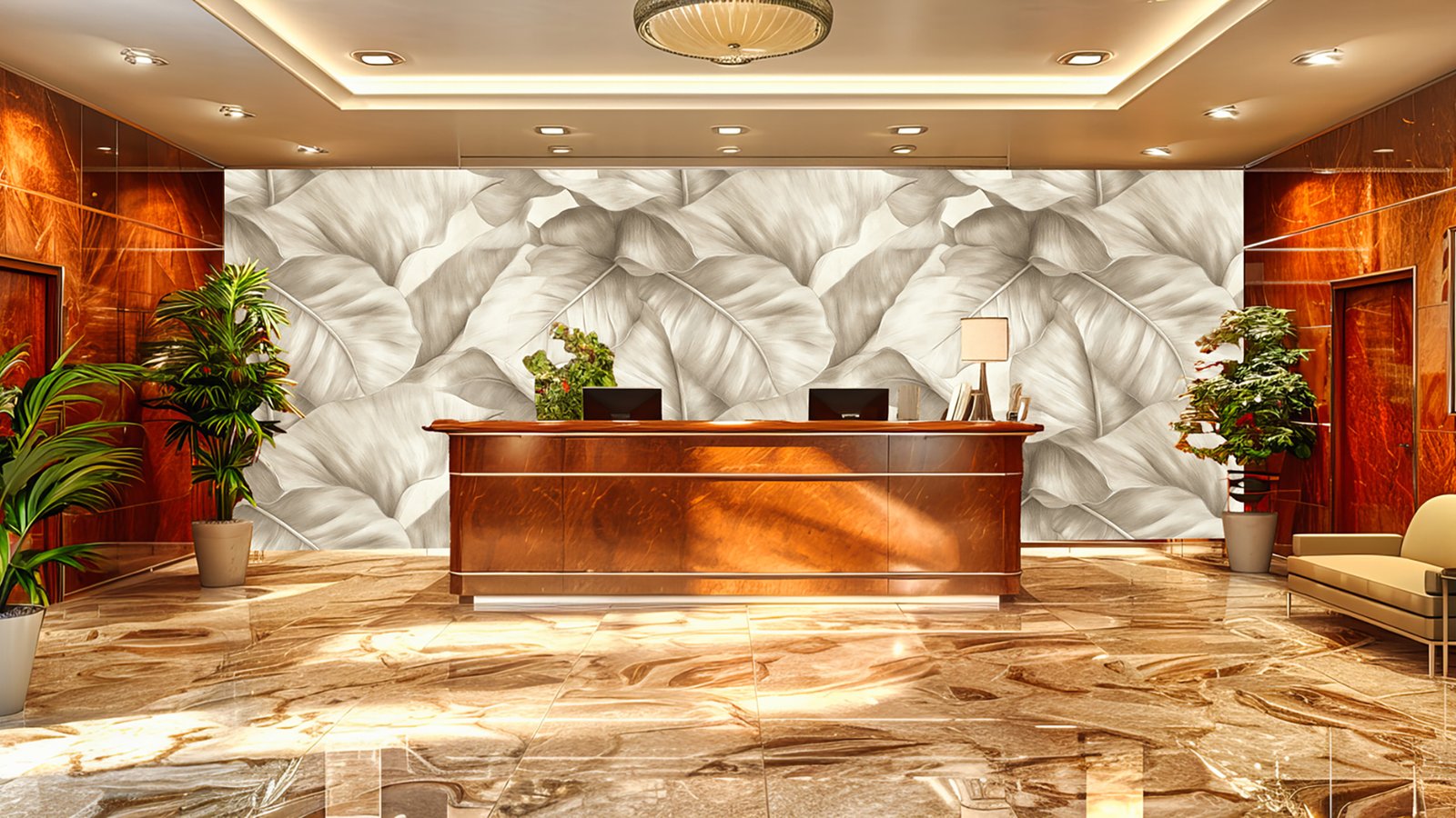 Elegant Hotel Lobby with Modern Design and Luxurious Decor, Offe