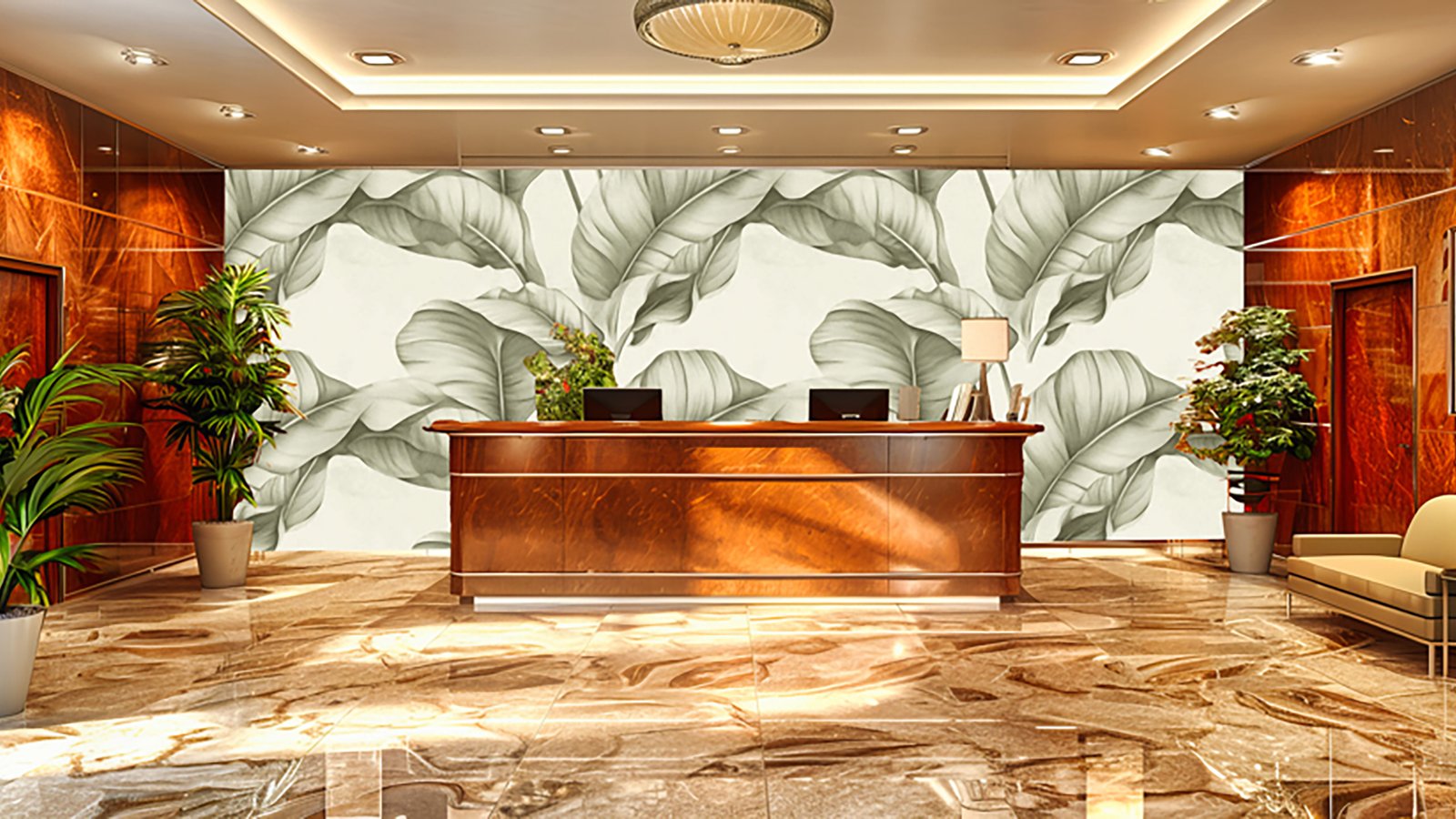 Elegant Hotel Lobby with Modern Design and Luxurious Decor, Offe