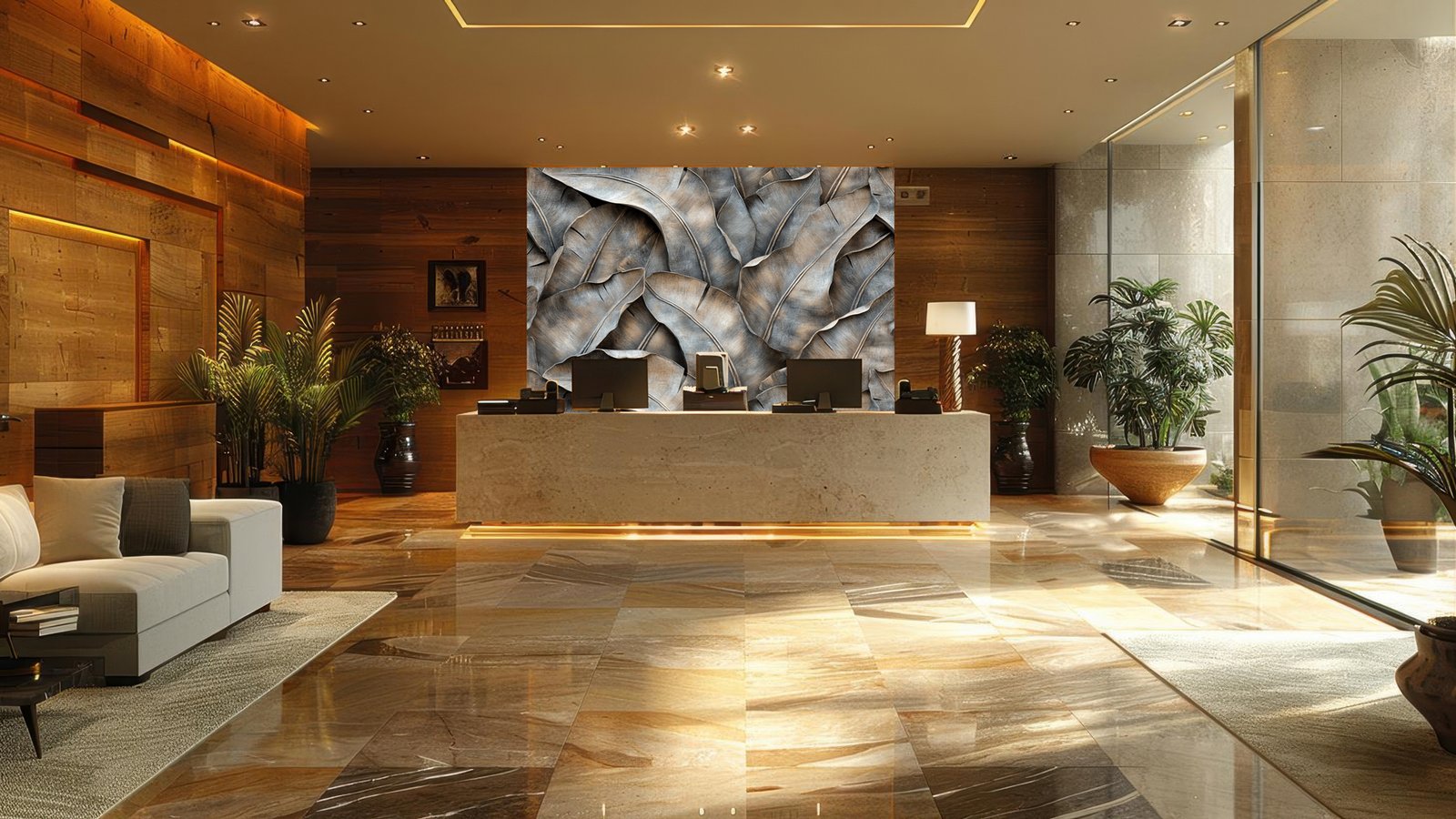 A modern hotel reception area with a friendly receptionist and w